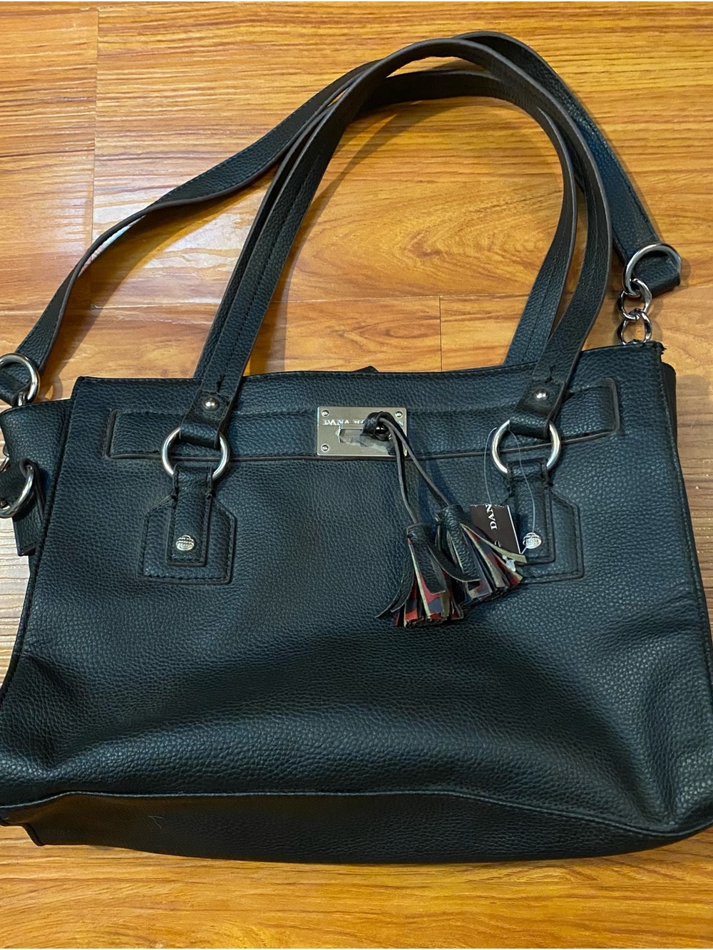 Dana Buchman Black Leather Shoulder Tote with Tassel